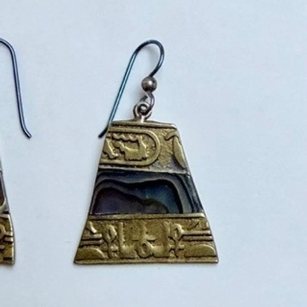 Egyptian Hieroglyphic Abalone Shell Inlay Trapezoid Drop Earrings Gold Tone